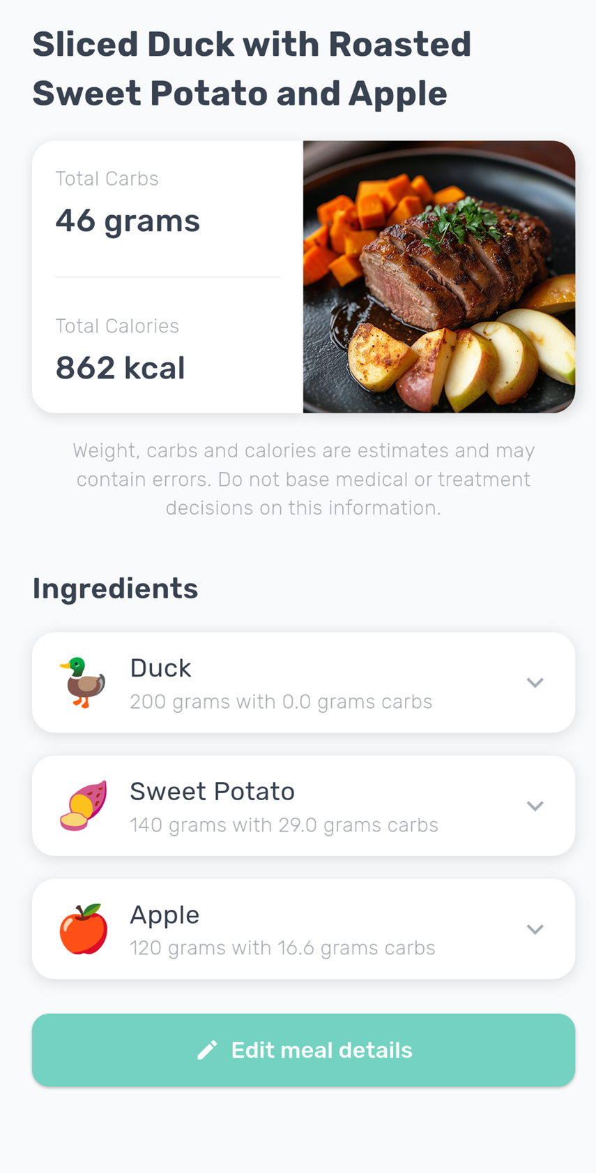 CarbScanner app showing carb count for a pork loin meal